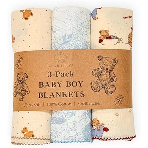 HEARTHIVA Baby Blanket Set – 3-Pack 100% Cotton Muslin Receiving Blankets for Newborns – Soft Breathable Lightweight Nursery Blankets – 30"x40" Whimsical Animal Print
