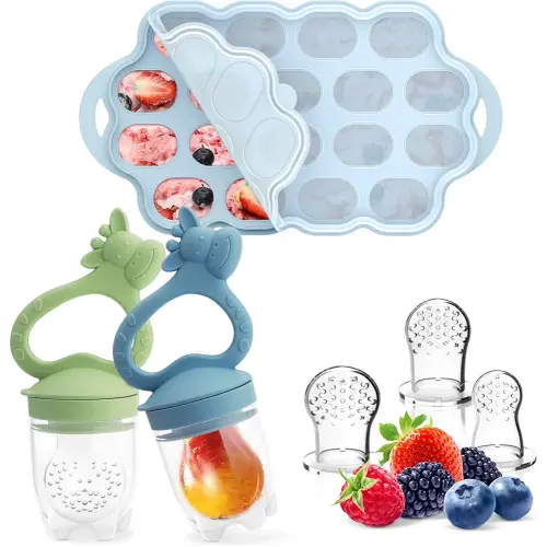 Baby Fruit Food Feeder Breastmilk Popsicle Molds for Teething Relief, Introduce New Foods, Silicone Freezer Tray with Lid, Includes 6 Food Pacifiers (Blue & Cyan)
