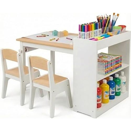 Art Table for Kids - 3 in 1 Kids Table and Chairs Set (2 Chairs Included), White Wooden Craft Table for Kids with Bookshelf and Paper Roller, Arts & Crafts Activity Table - Kids Art Table by Cal & Rye