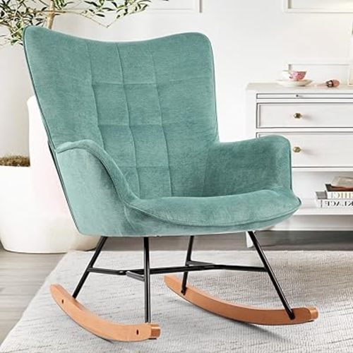 DAGONHIL Nursery Rocking Chair Modern Glider Chair Armchair with Thick Seat and High Backrest for Nursery Living Room Bedroom Balcony Offices Lake Blue