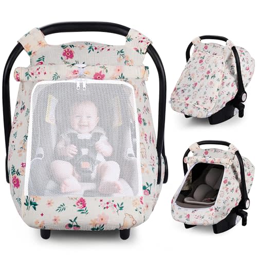 Rquite Car Seat Cover Baby, Carseat Covers Girl Boy, Breathable Muslin Cotton, Large Mesh Window, Infant Car Seat Canopy Baby Carrier Cover Stroller Sun Shade for Summer & Hot Day
