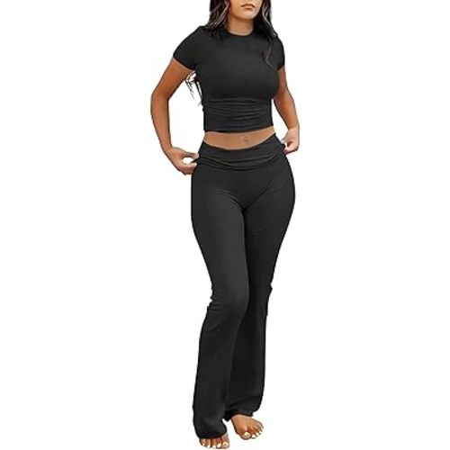 ANRABESS Lounge Sets for Women 2 Piece Foldover Yoga Flare Leggings Pants Crop Tops Casual Y2K Outfits Matching Tracksuit Set