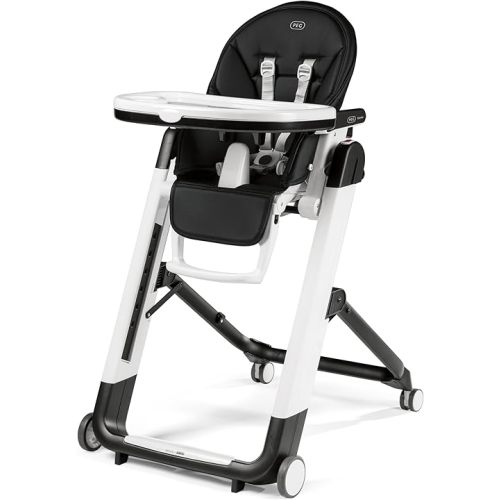 Peg Perego Siesta, Grow With Baby Folding High Chair & Recliner, Height Adjustable, Quick Clean & Easy Push Wheels For Babies & Toddlers, Made in Italy, Licorice (Black)