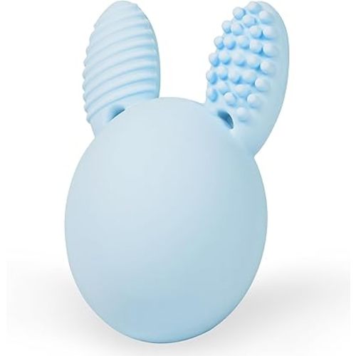 Baby Teething Toy, Easter Bunny Teether, Rabbit Egg Rattle with Textured Chewing Design, Gift-Ready for Babies Boys & Girls – Blue