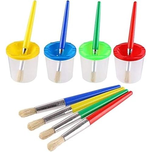 DIYASY 4 Pcs Kids No Spill Paint Cups and 4 Round Paint Brushes 4 Colors Spill Proof Paint Cups for Children’ Art Class and Home.