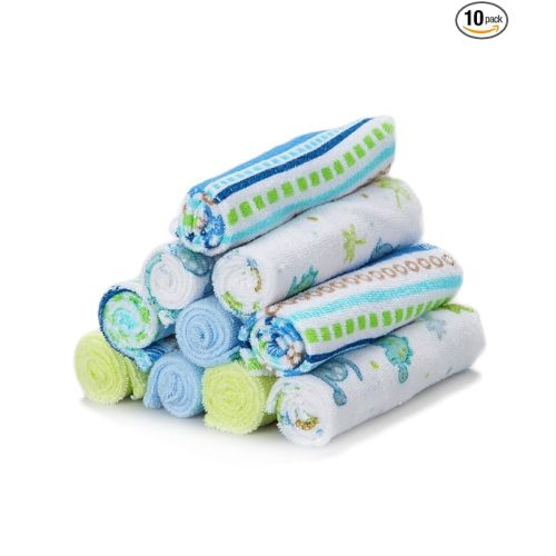 Spasilk 10 Pack Soft Terry Bath Washcloths – Newborn Boy or Girl, Blue Stripes
