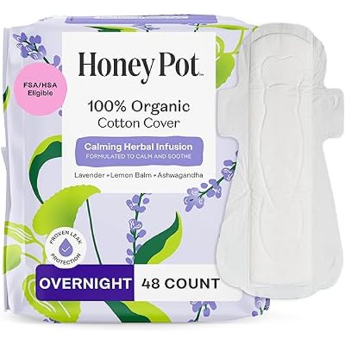 Honey Pot Calming Overnight Sanitary Pads for Women - 100% Organic Cotton Top Sheet - Feminine Care - Non Cooling - Calming Herbs of Lavender, Ashwagandha, & Lemon Balm - 48ct