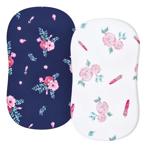 TILLYOU Baby Bassinet Sheets for Girls Boys, Fit for Hourglass Oval Rectangle Bassinet Mattress Sheets, 33”X16”, 2 Pack Floral Flowers