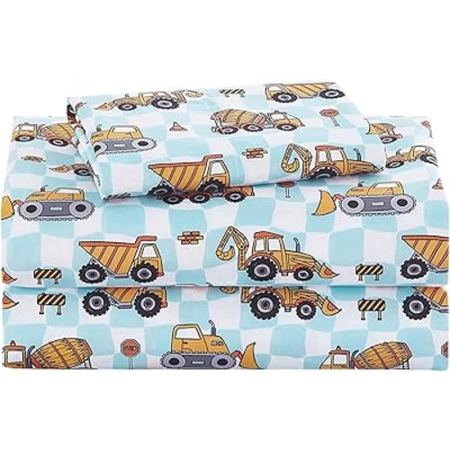 lasoftan Kids Sheet Set Twin Size, Twin Sheet Set with Grid Excavator Pattern，Breathable Silky Soft Microfiber Kids Fitted Sheet
