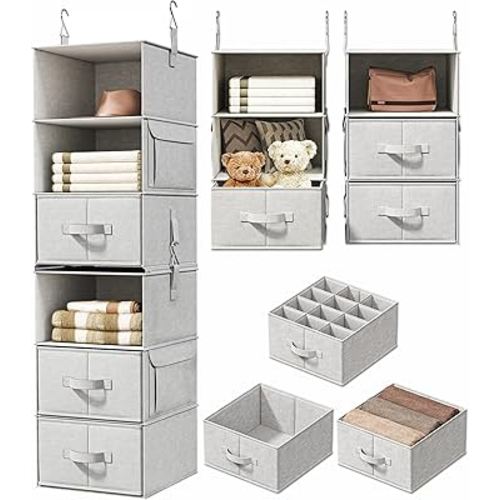 Vailando 6-Shelf Hanging Closet Organizer with 3 Drawers, 2 Separable 3-Shelf Closet Organizers and Storage for Wardrobe Organization, Hanging Dresser for Nursury & Dorm Clothes Organizer
