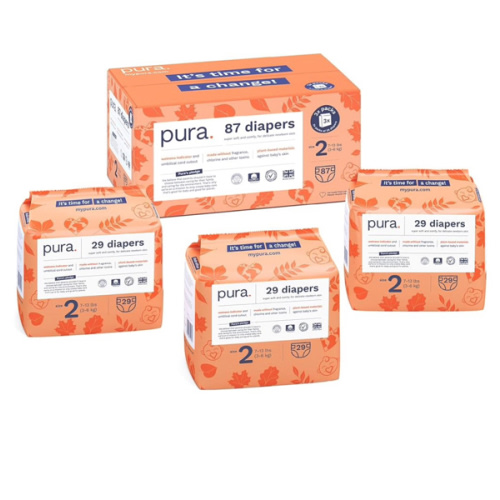 Pura Hypoallergenic Diapers, Size 2 (7-13 lbs) Totally Chlorine Free, Wetness Indicator, Suitable for Sensitive Skin, Soft Organic Cotton, Overnight, 3 Packs of 29 (87 Baby Diapers)
