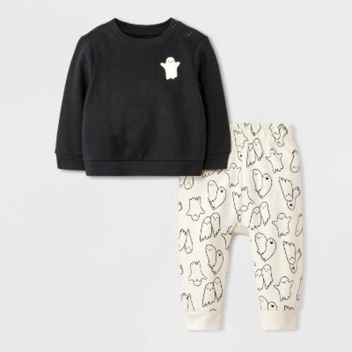 Baby 2pc Halloween Ghost Friends French Terry Sweatshirt & Jogger Pants Set - Cat & Jack™ Black Newborn
