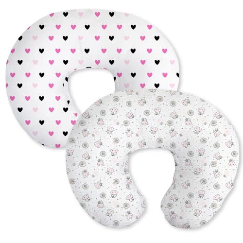 Little Grape Land Cotton Nursing Pillow Covers 2 Pack, Soft & Breathable Removable Breastfeeding Pillows Covers for Feeding Pillows, Nursing Pillow Slipcover for Baby Girls Boys, (Hearts & Cow)