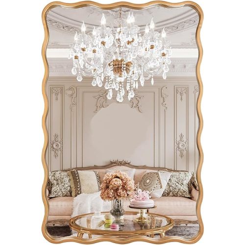 20 * 30 Inch Gold Ripple Rectangle Bathroom Mirror Wall Mounted Large Modern Countryside Suitable for Washroom, Bedroom, Living Room, Entryway
