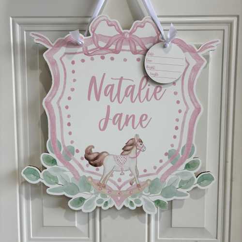 Baby Boy Hospital Door Hanger - Baby Girl  Name Sign - Birth Announcement Sign - Birth Stat Sign - Rocking Horse Baby Crest
