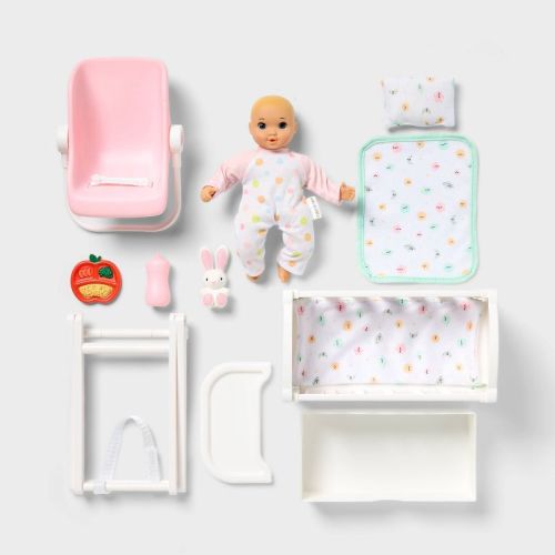 8" Little Baby Doll Set - Blonde Hair + Blue Eyes - Gigglescape™: Plastic PVC Toy, 10 Pieces
