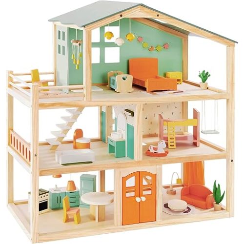 Giant bean Large Wooden Dollhouse with 32 Pcs Furniture Accessories, 3-Story Doll House 5 Rooms Balcony Wooden Stairs, Ideal Dollhouse Toy for Kids Ages 3+, 30" H x 28" L x 13" W