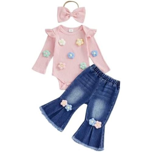 fhutpw Newborn Baby Girl Outfits Rib Knit Romper Jeans Flare Pants Headband Infant Fall Winter Clothes 0 3 6 9 12 18 Months