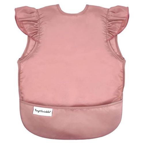 Tiny Twinkle Mess-Proof and Waterproof Baby Bib/Apron with Ruffled Shoulder, Machine Washable and BPA-Free (Taupe, Small 6-24 Months)