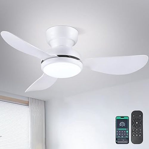 36 Inch Modern Ceiling Fans with Lights, Small Flush Mount Ceiling Fan with Light and Remote/APP Control, 3 Reversible 6 Speeds Curved Blades, 3 CCT Dimmable Lights for Bedroom, White