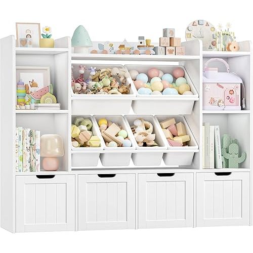 FINETONES 55.1’’ W Toy Storage Organizer with 6 Toy Bins, Large Toy Organizer Kids Bookshelf with 4 Movable Drawers and 4 Storage Cubbies, Toy Bins for Kids Organizer Playroom Storage for Kid Room