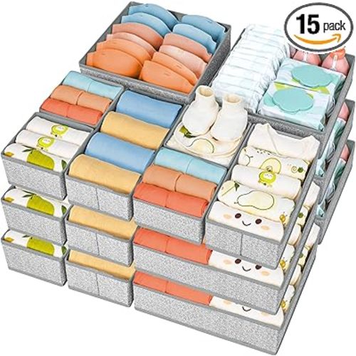 DIMJ Drawer Organizer Clothes 15 Pack - Foldable Baby Organizers and Storage & Dresser Organizer for Bedroom, Closet - Nursery Organization Dresser Dividers for underwear Sock Bra Belt Tie, Gray