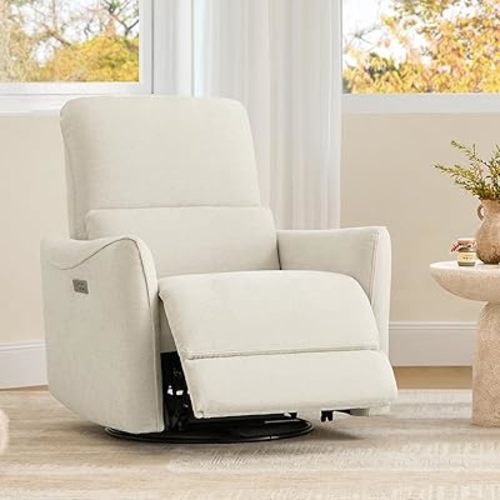 Power Recliner Chair Swivel Glider, FSC Certified Upholstered Living Room Nursery Reclining Sofa Chair with Lumbar Support, Linen