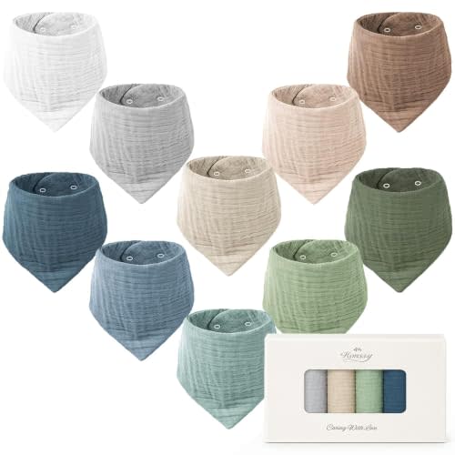 Konssy 10 Pack Baby Muslin Bandana Bibs for Drooling and Teething | 100% Cotton, 6-Layer Bibs, Pre-Washed Soft & Absorbent, Adjustable Neck Fit, Boys & Girls 0-36M