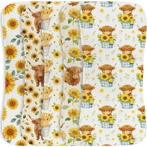 5Pcs Highland Cow Baby Burp Cloths Cotton Burp Rags for Girls Boys, Sunflower Baby Shower Newborn Gift, Soft and Absorbent Baby Burping Cloths for Newborns 9.8X19.6inches