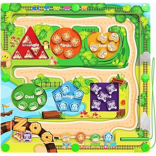 Magnetic Color & Shape Maze, Montessori Wooden Color Shape Matching Puzzle Board - Educational Learning Toys, Toddler Fine Motor Skills Sensory Toys for Boys Girls 3 4 5 Years Old Gift