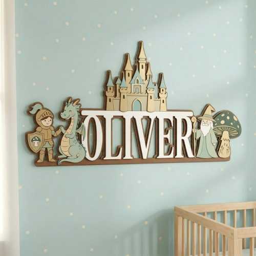Personalized Fantasy Name Sign for Nursery, Custom Castle Dragon Wizard Name Plate, Fairy Tale Kids Room Wall Art, 3D Layered Wood Name Sign