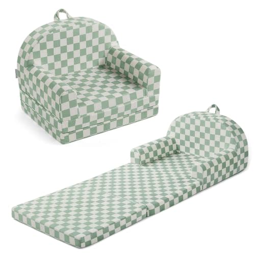 Blissful Diary Kids Couch, 2-in-1 Comfy Kids Chair for Reading, Playroom, Kids Couch Sofa for Girls Boys Birthday Gift, Sage Checkered