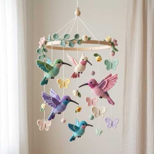 Hummingbird Mobile Nursery Bird Mobile, Pink Flower Crib Mobile Girl Rose Nature Baby Mobile Girl Tropical Garden Decorations