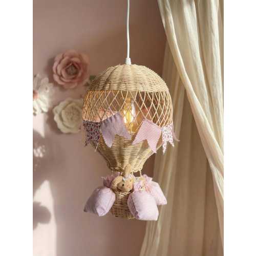 Hot Air Balloon Chandelier – Montessori Rattan Nursery Pendant Light with Plush Bunny – Handmade Natural Wicker Baby Room Decor