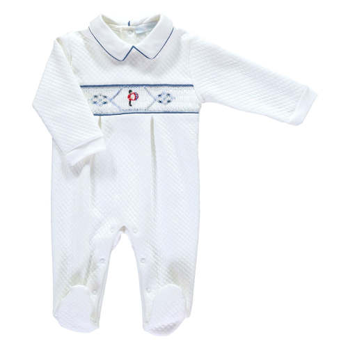 White & Navy Quilted Guards Drummer Smocked Footsie 3M