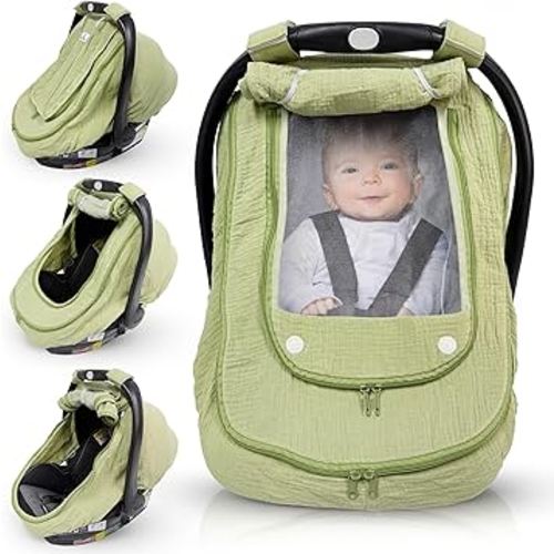 Car Seat Cover for Babies with 100% Cotton Muslin Material | Breathable Carseat Cover for Boys and Girls | Infant Car Seat Canopy for Boys and Girls (Green)