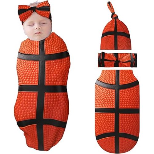Basketball Swaddle Blankets Newborn Receiving Blanket Baby Swaddle Wrap with Headband Hat Set for Baby Girls Boys