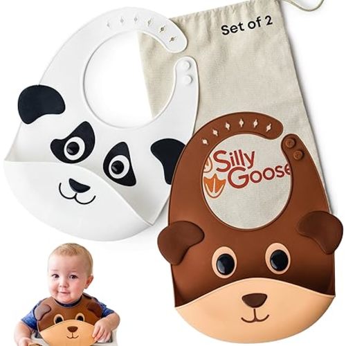 Silly Goose Silicone Animal Baby Bibs for Babies and Toddlers, Waterproof, Adjustable, Soft, Extra Wide Food Catcher Pocket (Baby Panda)