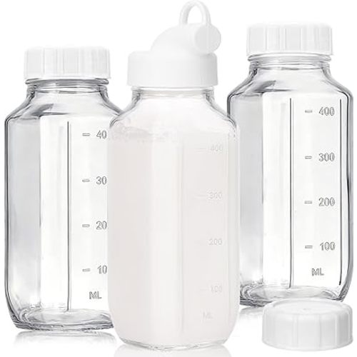 Glass Juice Bottles with Lids, 3 Pack Clear Glass Water Bottles with 1 Pour Spouts, 16 Oz Reusable Milk Jug with Airtight Caps and Scale for Juicing Containers