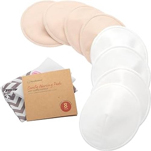 Organic Nursing Pads - 8 Washable Breast Pads for Breastfeeding, Wash Bag, Viscose Derived from Bamboo Reusable Nipple Covers for Breastfeeding Essentials, Soft & Absorbent(Bare Beige, L 4.8")