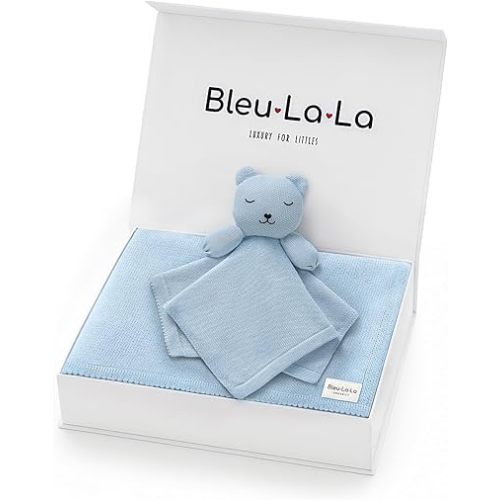 Baby Gift Set - Organic Cotton Newborn Blanket and Lovey Security Blanket Set, Baby Boy, Blue Gifts, Best Gaby Gifts, Cute Ideas (Lovey - Bear - Sky Blue)