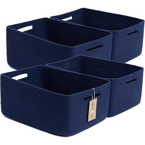 Large Storage Baskets for Organizing, Closet Shelf Baskets for Clothes Blanket Towels, Baby Nursery, Toy Bins Box, Woven Rope Baskets, 17 x 13 x 7.5”, 4 Packs Navy Blue