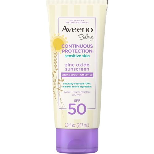 Aveeno Baby Continuous Protection Zinc Oxide Mineral Sunscreen Lotion for Sensitive Skin, Broad Spectrum SPF 50, Tear-Free, Sweat- & Water-Resistant, Paraben-Free, Non-Greasy, 7 fl. oz
