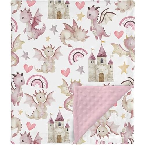 HawSkgFub Pink Purple Dragon Castle Mink Baby Blankets with Dotted Backing Girls Shower Gift, Cute Flying Dragons Double Layer Nursery Swaddle, Soft Newborn Infant Toddler Bed Crib Bedding 30 x 40