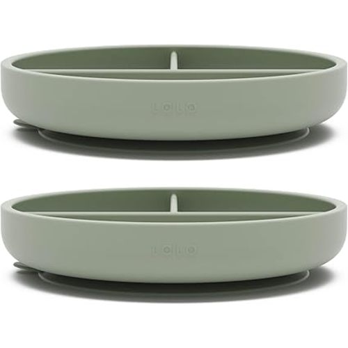Lalo Suction Plates - 2 Pack, 100% Silicone Non-Toxic BPA-Free Baby Plates with Suction Base To Prevent Accidental Tip-Overs - Suction Plates for Toddlers With Three Divided Sections - Sage