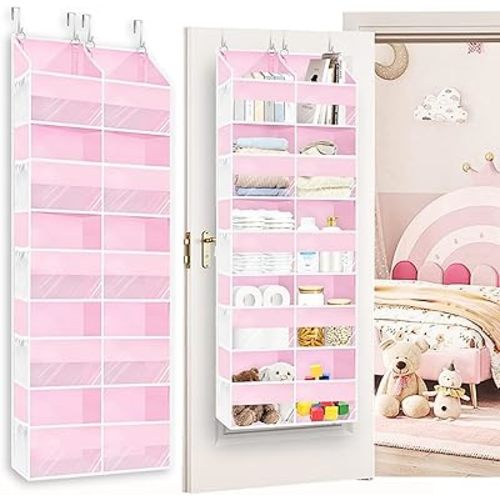 Over The Door Organizer 5 Tiers,Extra Large Behind Door Storage of 10 Compartments,50 lbs Weight Capacity Over The Door Storage, Door Hanging Organizer for Closet, Diaper Organizer, Toy Storage, Pink