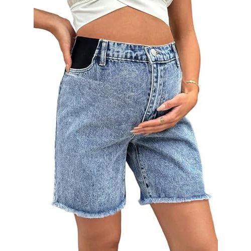 BLENCOT Maternity Jean Shorts Wide Leg Stretchy Plus Size Frayed Jorts Pregnancy Denim with Pockets