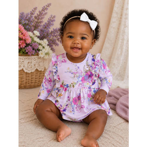 Long Sleeve Ruffle Bodysuit Dress, Dahlia Floral