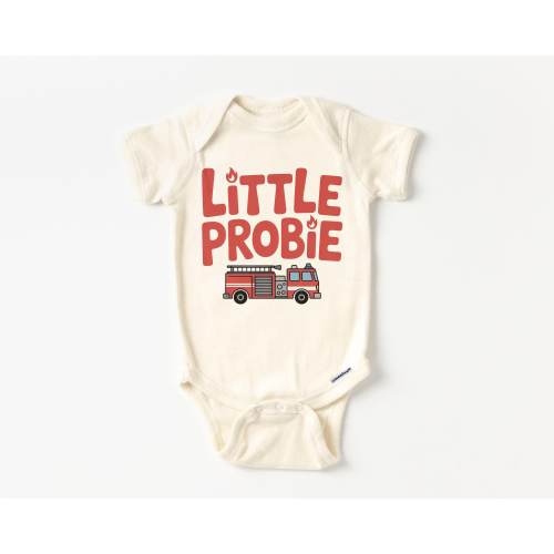 Retro Firefighting Little Probie Baby Onesie® - Cute Fire Engine Truck New Recruit Pregnancy Reveal Bodysuit - Boho Firemen Natural Onesie®