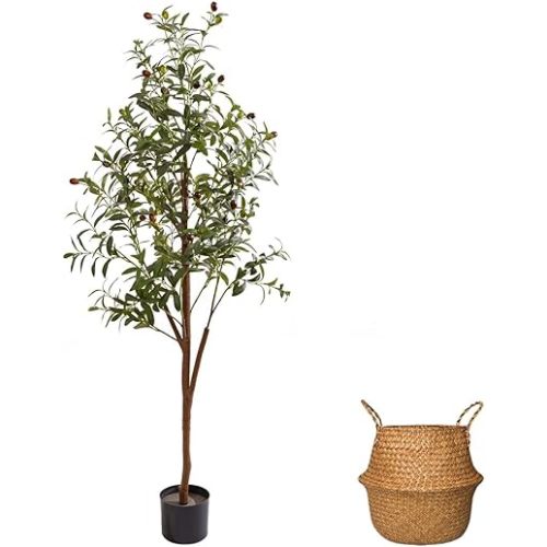 5FT Artificial Olive Tree Indoor, Tall Faux Olive Tree with Pot&Basket, Large Fake Olive Tree with Realistic 720 Silk Leaves and 40 Fruits for Living Room Home Office Decor.